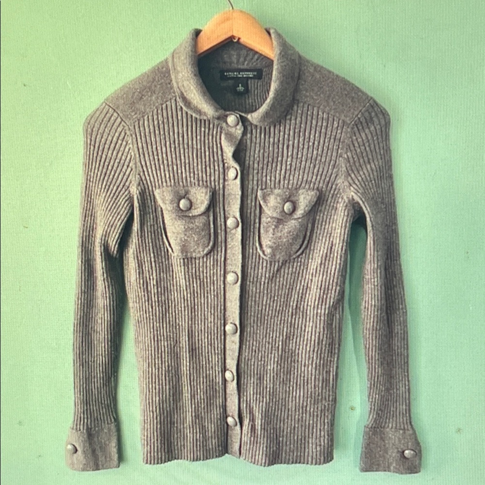 St. John Gray Ribbed Button-Up Cardigan